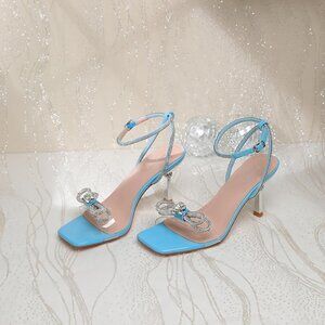 Women's Blue+bl Closed Toe Rhinestone Wedding Low Slingback Clear Kitten Heels